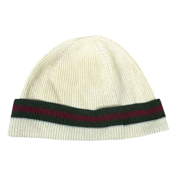 GUCCI Off White Ribbed Knit Wool Silk Blend Beanie Snow Cap Web Sherry Line Ex+ main image 7